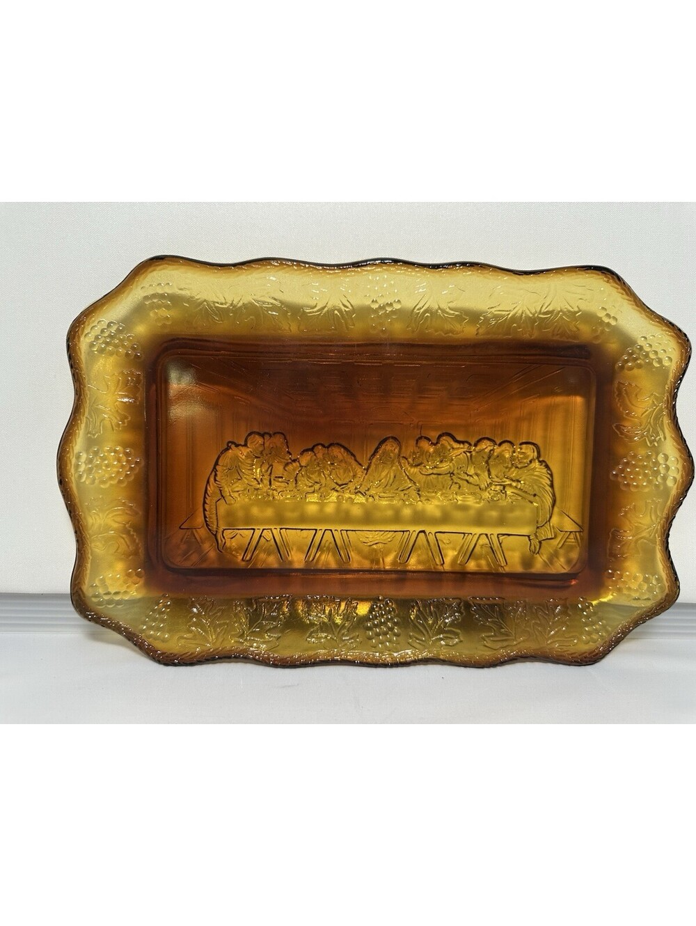 Vintage Indiana Glass Amber Tiara Last Supper Plate Tray 11"x7"